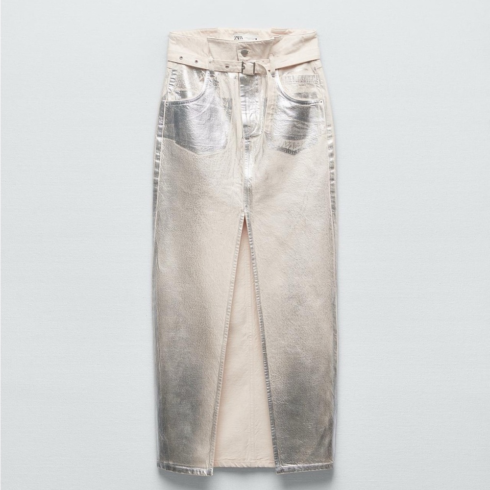 Zara Metallic Silver Denim Skirt With Front Slit